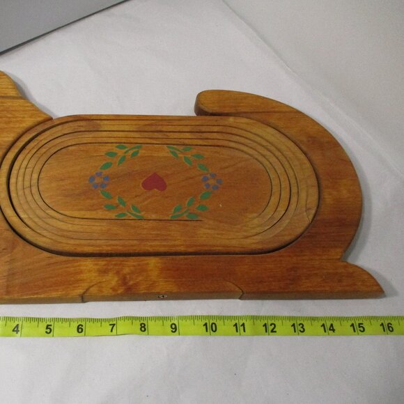 Vintage Folk Art Handcrafted Collapsible Wood Cat Shaped Wooden Basket Bowl - Picture 10 of 10